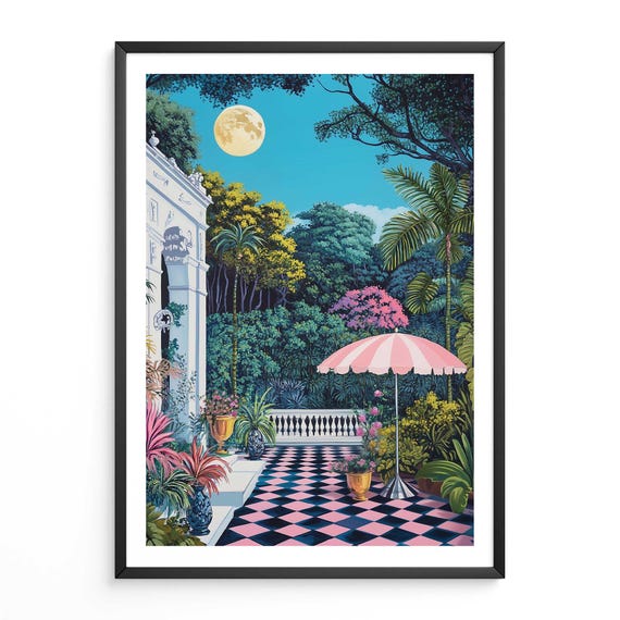Moonlit Garden Courtyard Art Print, Tropical Villa Decor