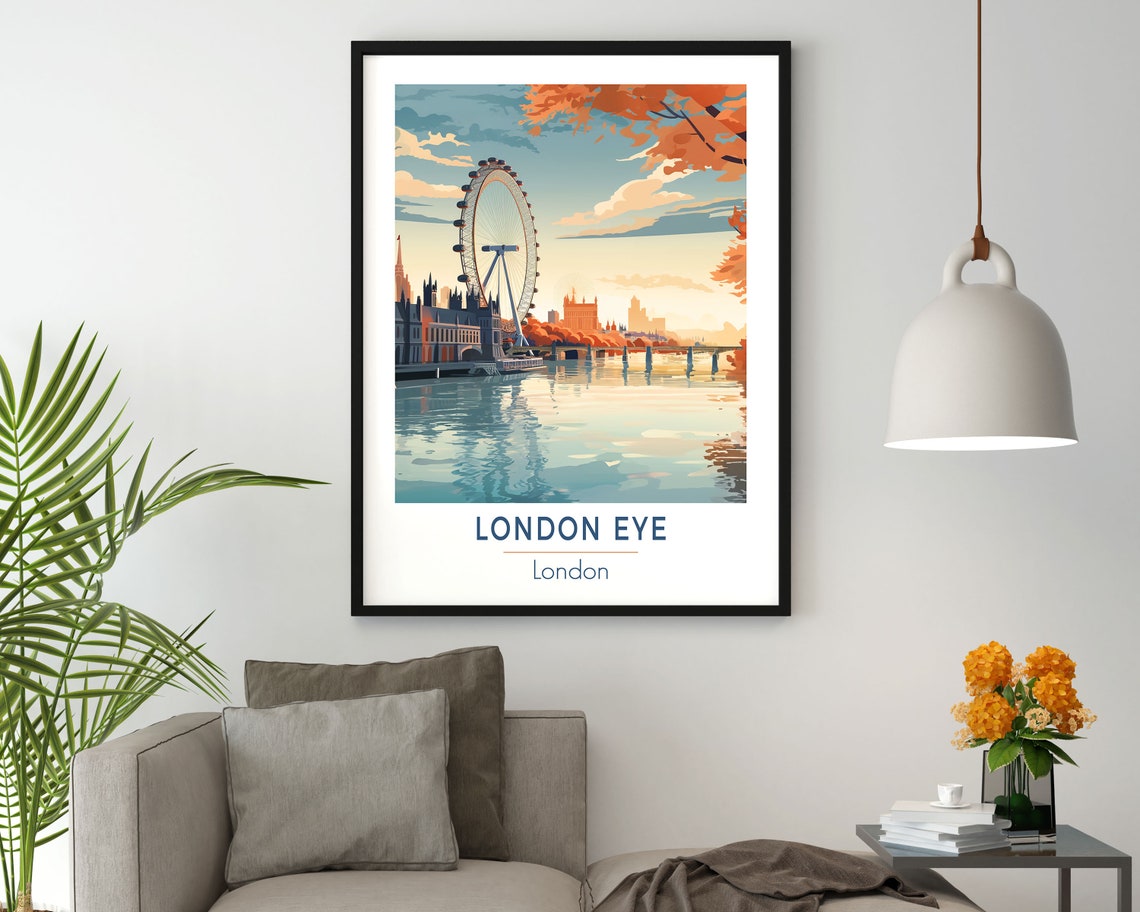 London Eye Westminster Travel Poster With Thames River Illustration