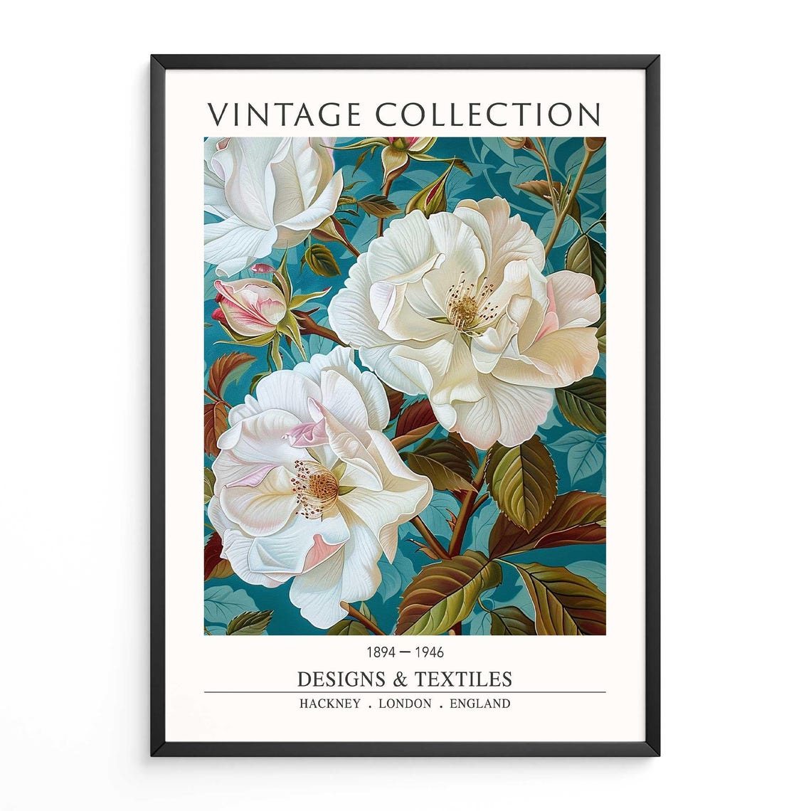 Vintage White Rose Print William Morris Style Teal Botanical Art