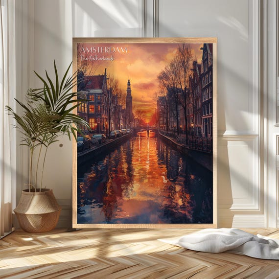 Amsterdam Canal Sunset Golden Hour Netherlands Travel Poster