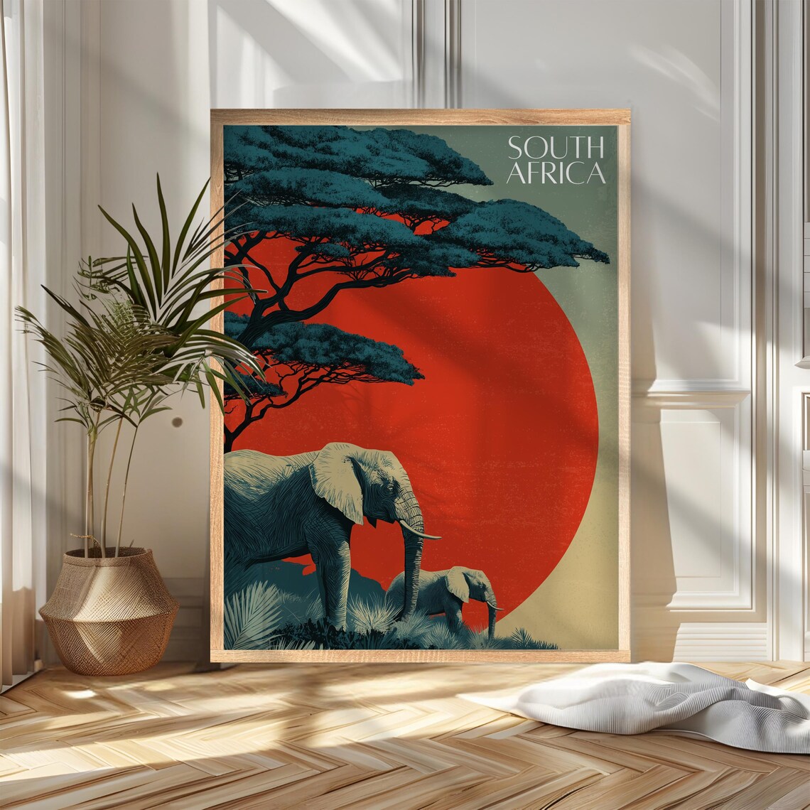 South Africa Elephants Acacia Tree Red Sunset Safari Travel Poster