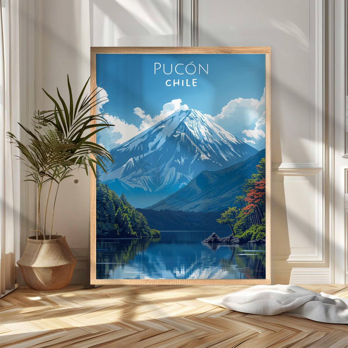 Pucon Chile Snowcapped Volcano Lake Reflection Travel Poster