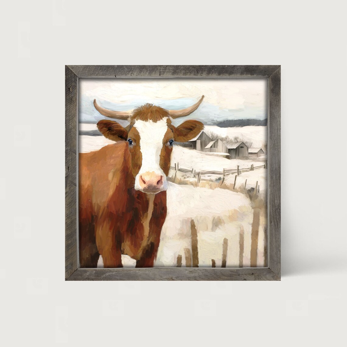Longhorn Cow Winter Farm Snowy Barn Scene Brown Cattle Framed Poster - Image 4