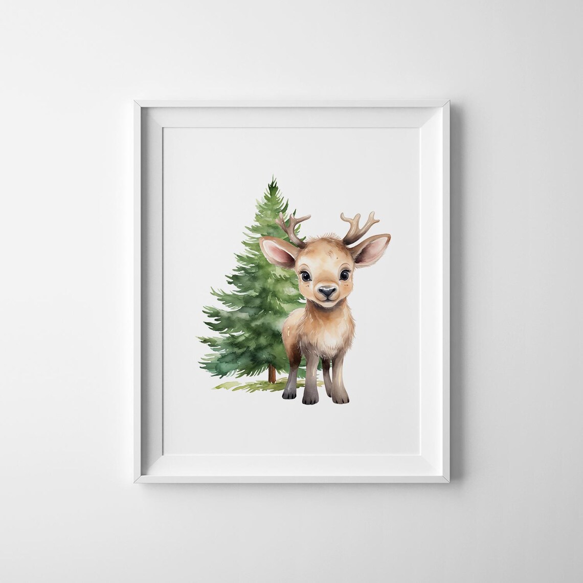 Cute Watercolor Baby Reindeer Pine Tree Woodland Nursery Wall Art - Image 2