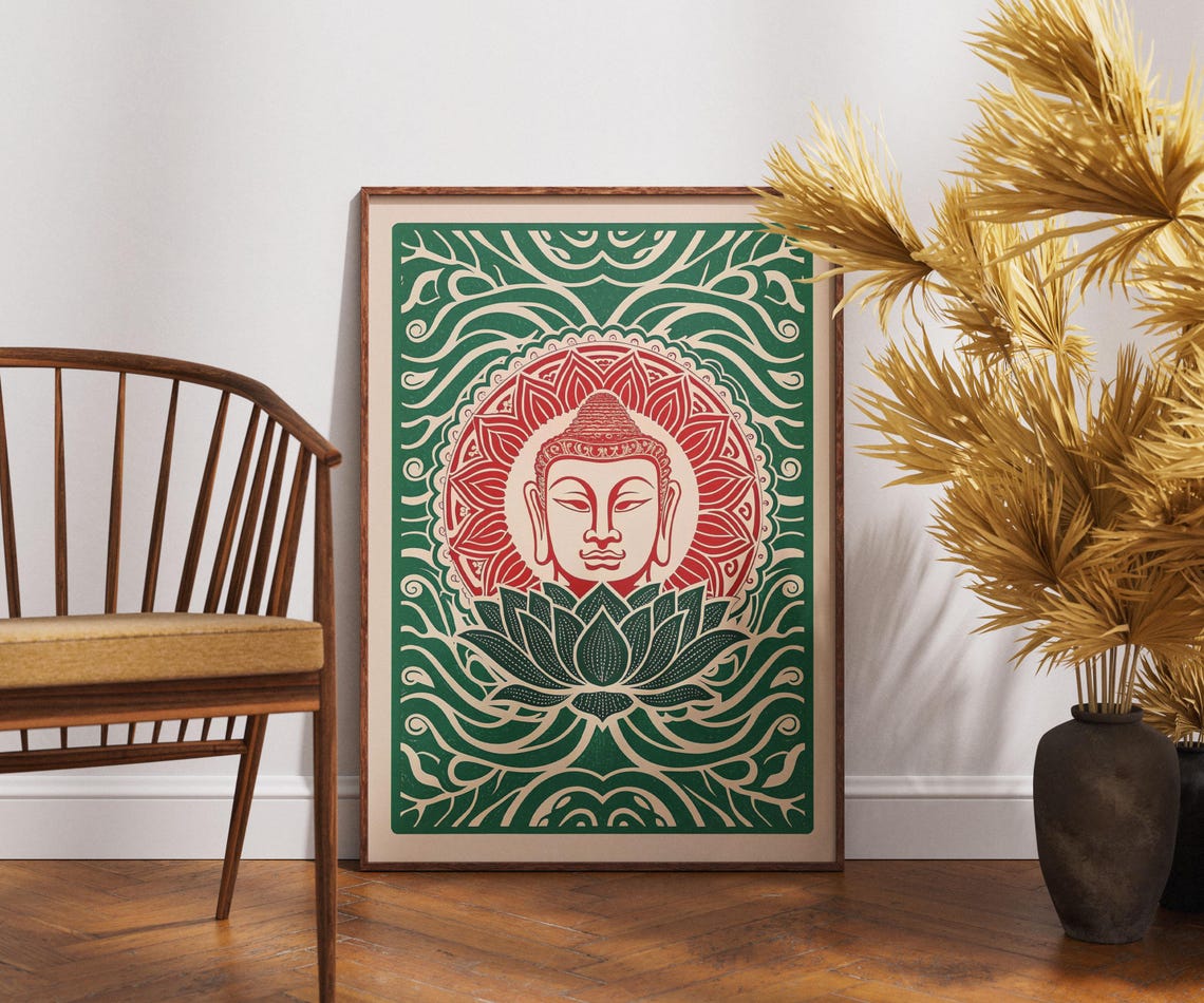 Vintage Buddha Face Poster Linocut Mandala Art Zen Spiritual Wall Decor Retro Meditation Illustration Boho Print