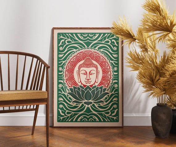 Vintage Buddha Face Poster Linocut Mandala Art Zen Spiritual Wall Decor Retro Meditation Illustration Boho Print