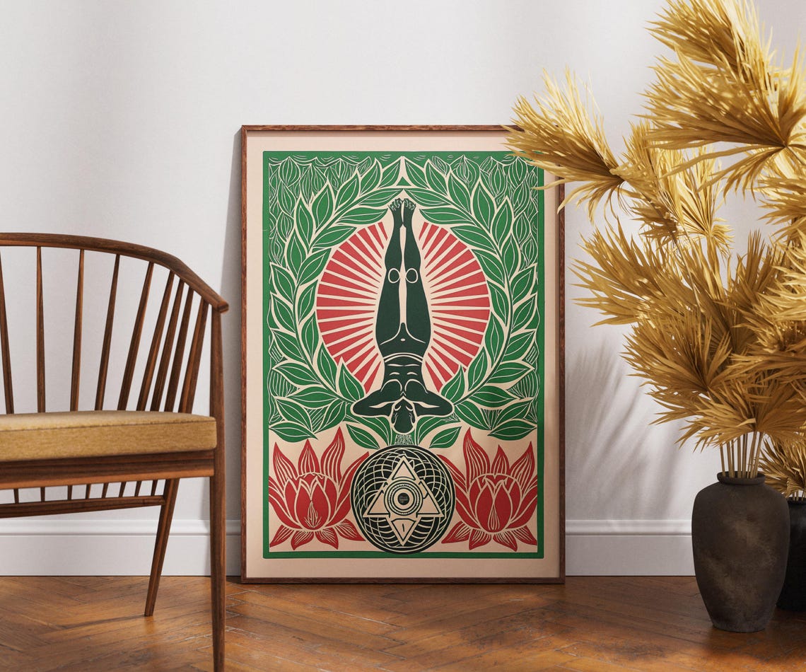 Headstand Yoga Pose Linocut Chakra Blossom Zen Balance Poster