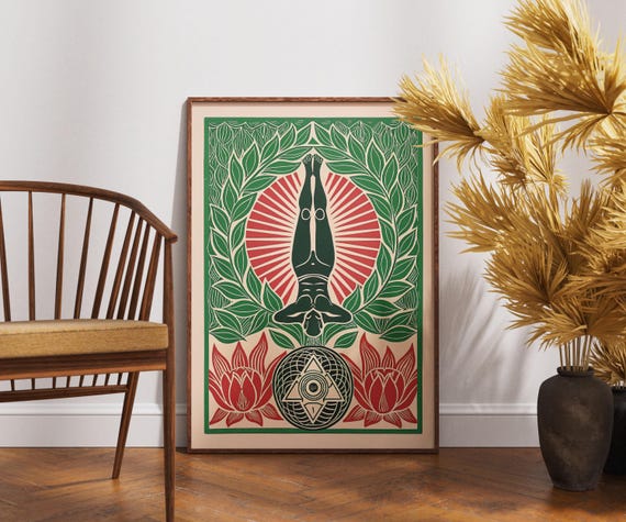Vintage Headstand Poster Linocut Chakra Blossom Art Zen Yoga Wall Decor Retro Meditation Illustration Boho Wellness Print Gift