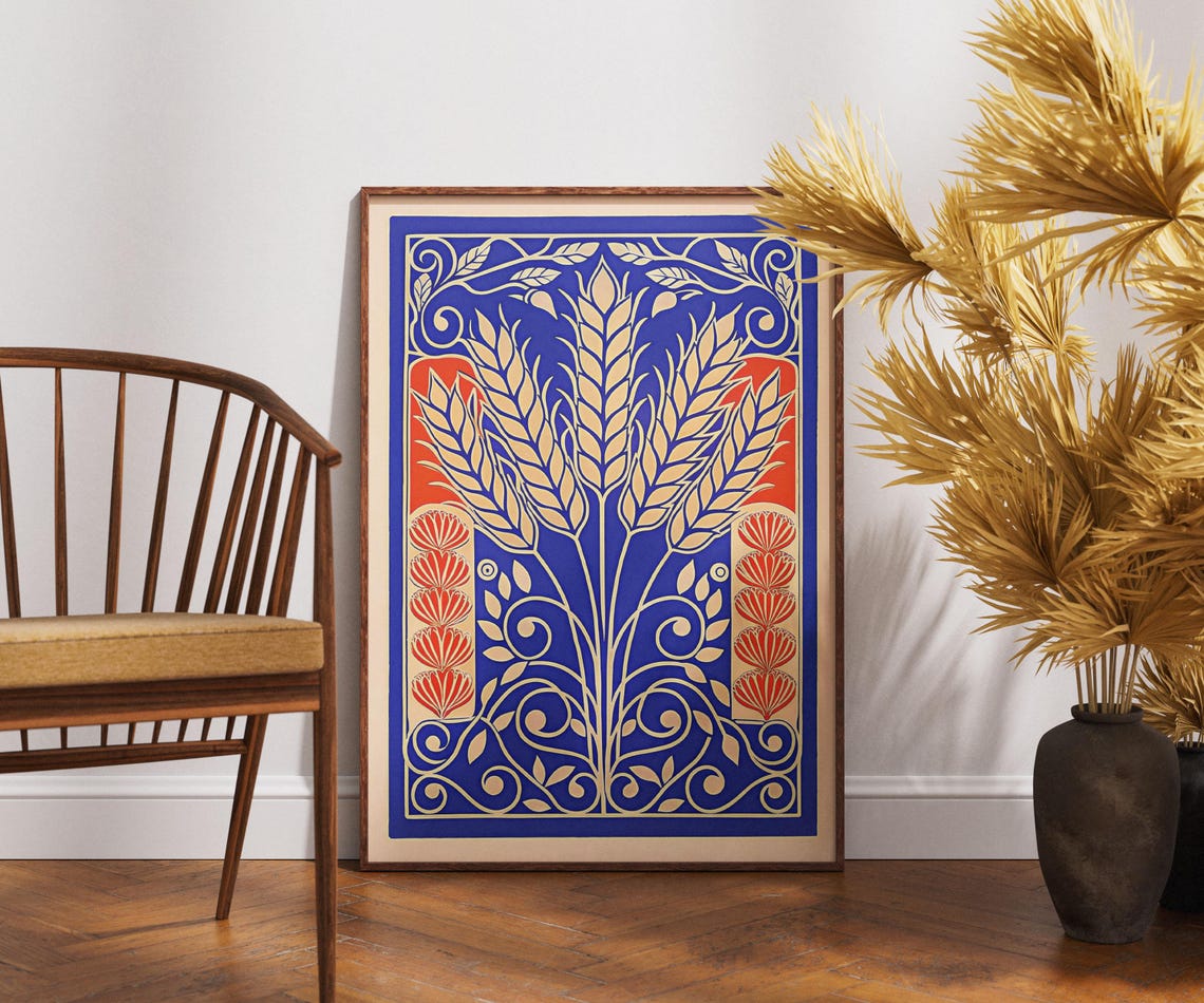 Vintage Wheat Field Poster Linocut Ornate Farm Art Rustic Botanical Wall Decor Retro Nature Illustration Boho Countryside Print Unique