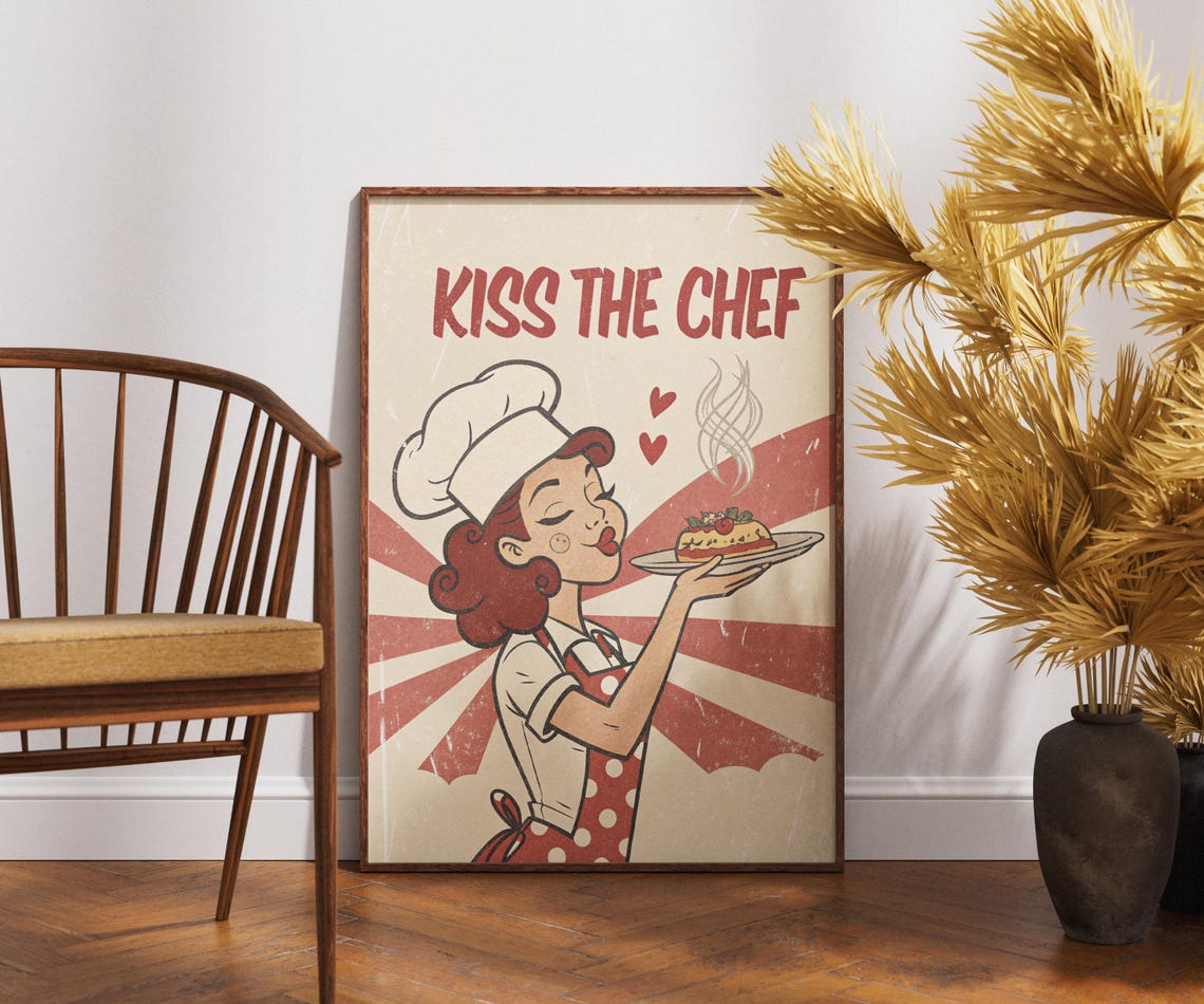 Kiss the Chef Retro Pinup Cook Kitchen Diner Style Wall Poster