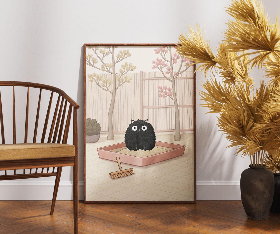 Funny Black Cat In Zen Garden With Rake Peaceful Outdoor Poster