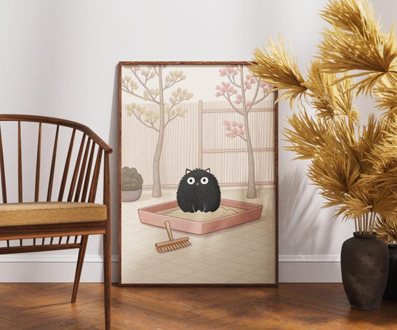 Funny Black Cat In Zen Garden Art Cute Japanese Outdoor Decor Japandi Minimalist Wall Print Kawaii Cozy Poster Illustration
