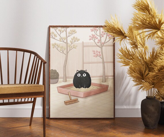 Funny Black Cat In Zen Garden With Rake Peaceful Outdoor Poster