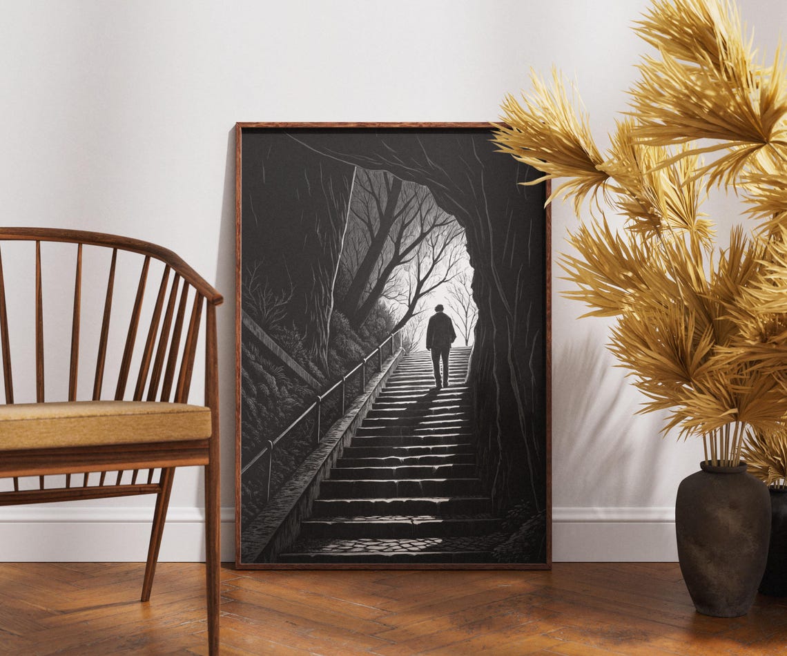 Moody Black And White Staircase Tunnel Lone Figure Climbing Poster