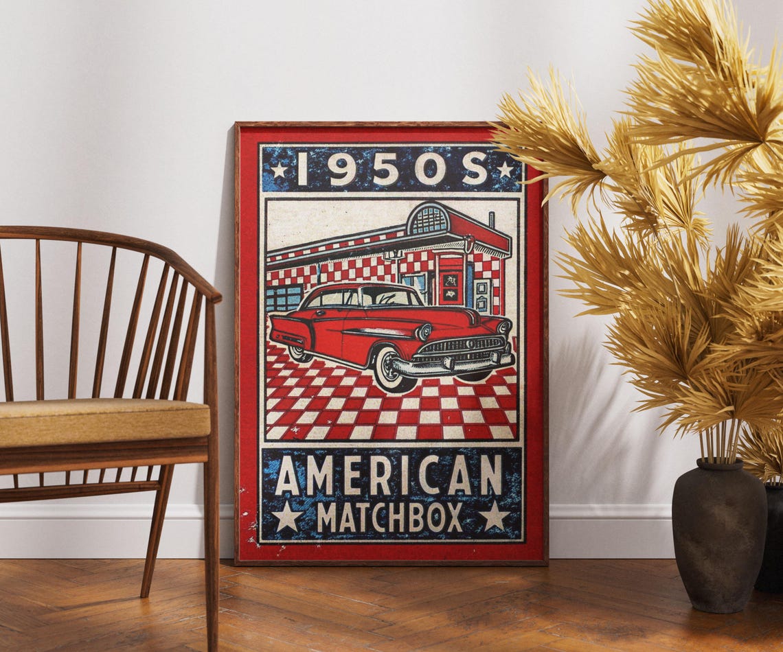 Vintage 1950s Diner Poster Classic Car Matchbox Art Retro Print Rockabilly Illustration Midcentury Americana Decor