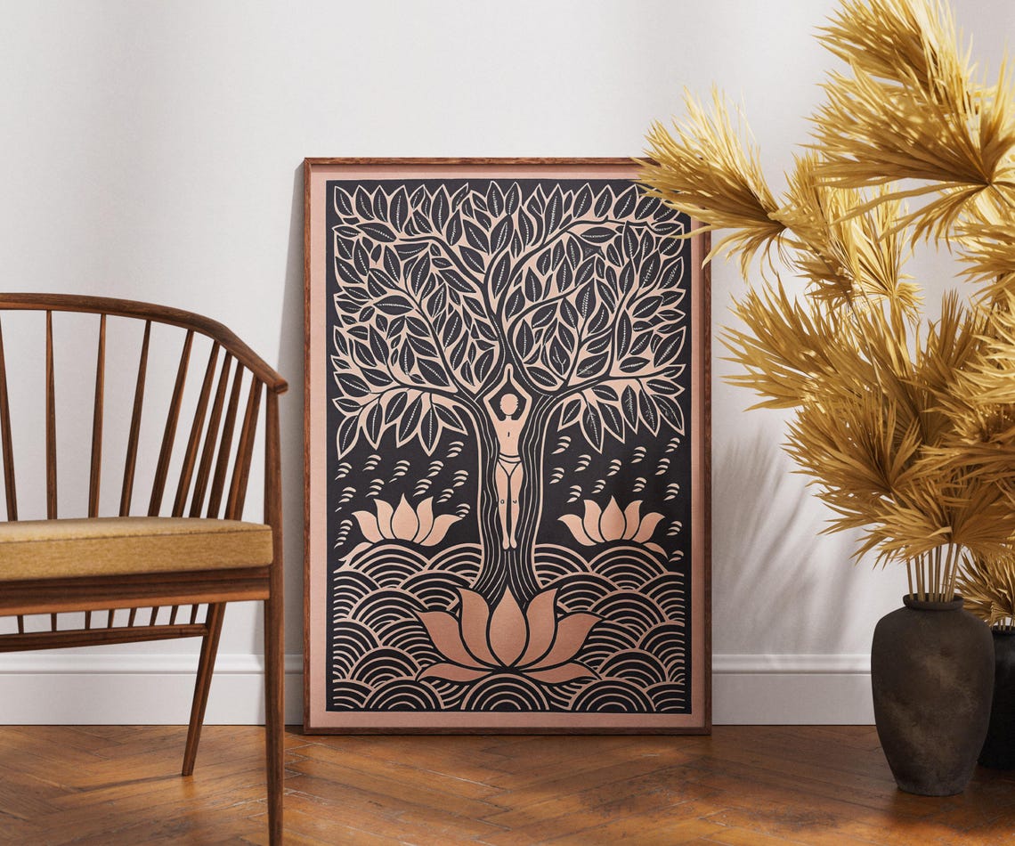 Vintage Yogi Bodhi Tree Linocut Lotus Zen Meditation Art Poster