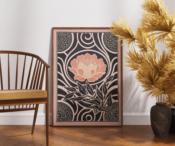 Vintage Blush Peony Poster Linocut Ornate Floral Art Retro Botanical Wall Decor Boho Flower Illustration Elegant Nature Print