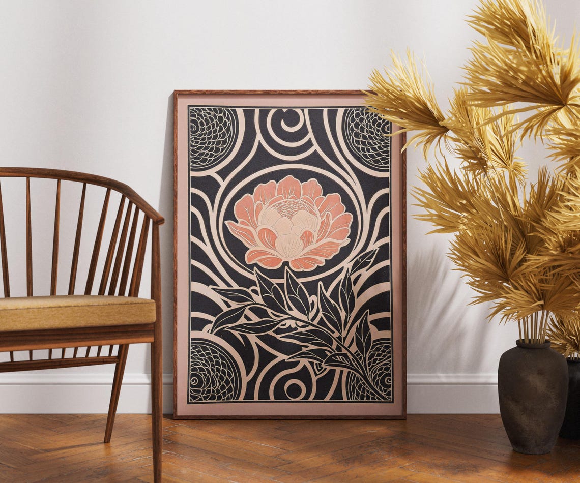 Blush Peony Art Nouveau Floral Linocut Ornate Vintage Bloom Poster