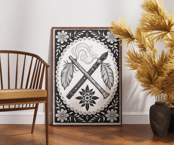 Tribal Flute Art Print Black And White Boho Feathers Poster Spiritual Folk Music Wall Decor Decorative Ceremonial Pipe Design
