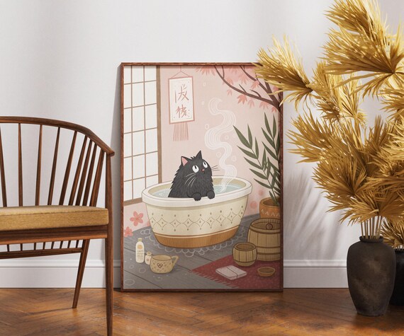 Black Cat Soaking In Wooden Onsen Bath Steamy Japanese Spa Poster
