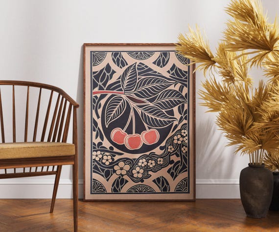 Vintage Cherry Poster Linocut Ornate Cluster Art Retro Fruit Wall Decor Boho Botanical Print Rustic Kitchen Illustration Unique Gift