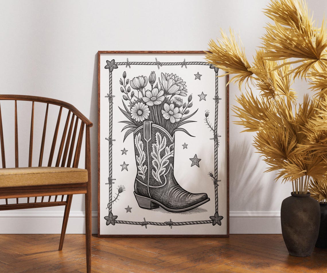Cowboy Boot Floral Art Print Black And White Western Flower Poster Rustic Country Wall Decor Vintage Illustration