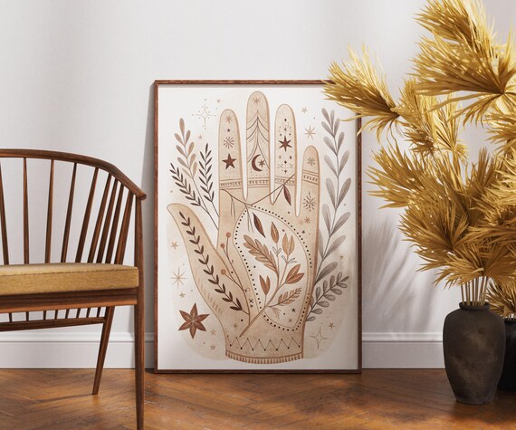 Mystical Hand Palmistry Celestial Botanical Boho Spiritual Line Poster