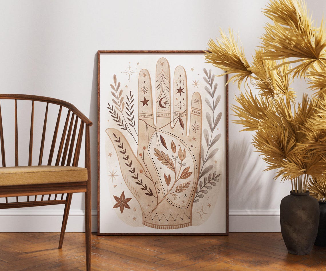 Mystical Hand Wall Art Boho Palmistry Print Celestial Botanical Poster Magical Illustration Spiritual Line Decor