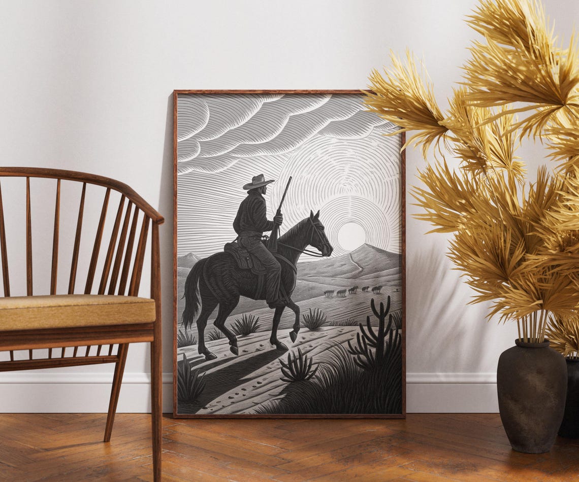 Cowboy On Horseback Desert Sunset Black And White Western Poster