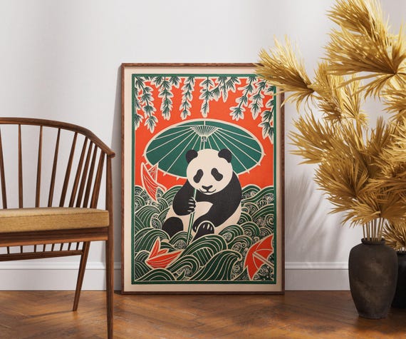 Vintage Panda Poster Linocut Wisteria Umbrella Art Retro Nature Wall Decor Boho Animal Illustration Zen Botanical Print Unique Gift