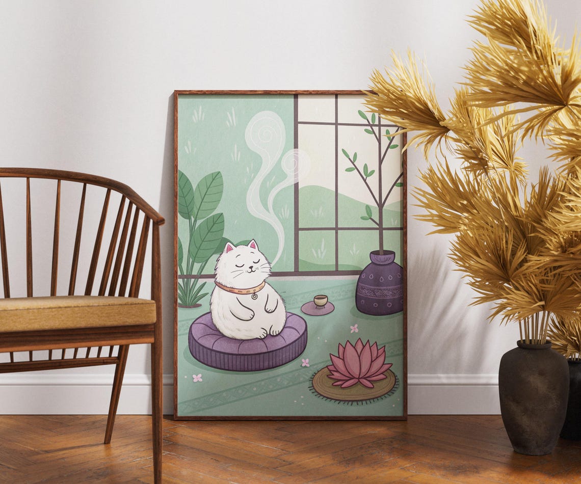 White Cat Meditation Zen Room Cozy Cushion Lotus Calm Poster