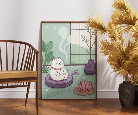White Cat Meditation Art Japandi Zen Decor Print Peaceful Mindfulness Poster Minimalist Japanese Wall Tranquil Kitty Design