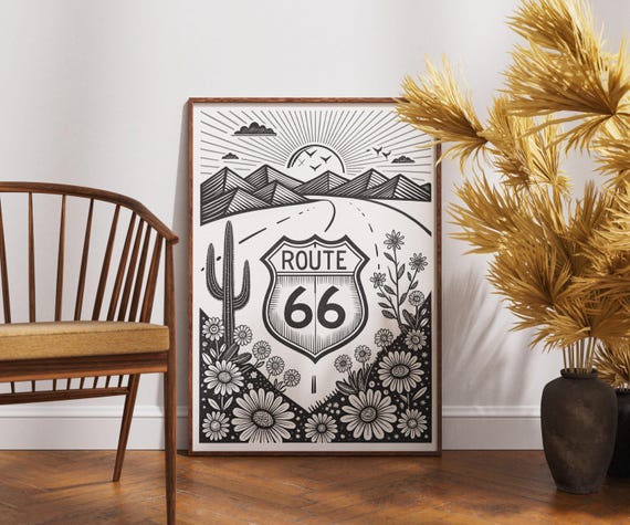Retro Route 66 Wall Art Print Black And White Road Trip Poster Desert Landscape Illustration Vintage Travel Decor Boho Flower