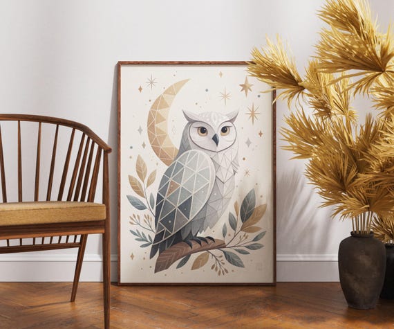 Geometric Owl Wall Art Moon And Stars Print Mystical Nocturnal Bird Illustration Celestial Animal Decor Boho Nursery Poster