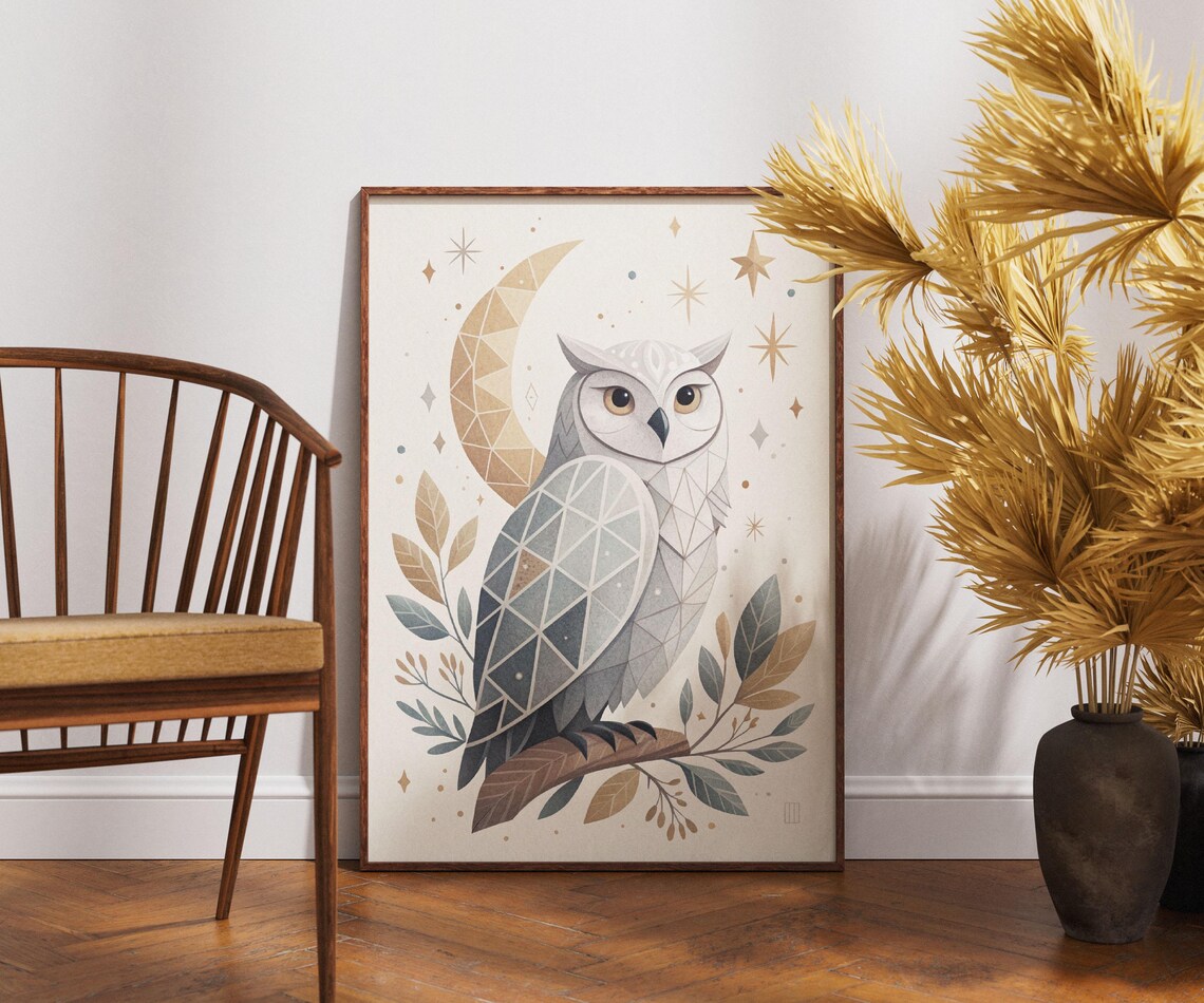 Geometric Owl Crescent Moon Stars Mystical Nocturnal Boho Night Sky Poster