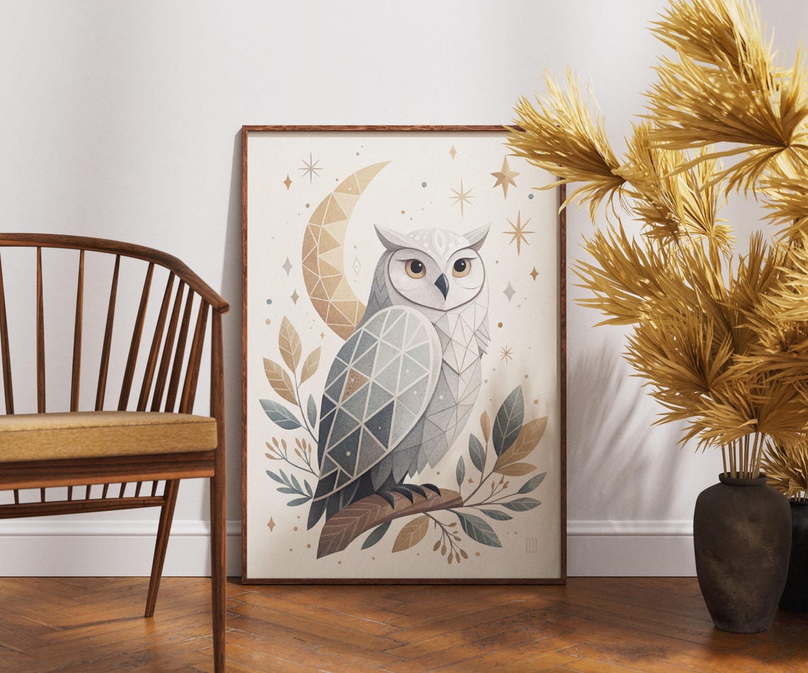 Geometric Owl Wall Art Moon And Stars Print Mystical Nocturnal Bird Illustration Celestial Animal Decor Boho Nursery Poster
