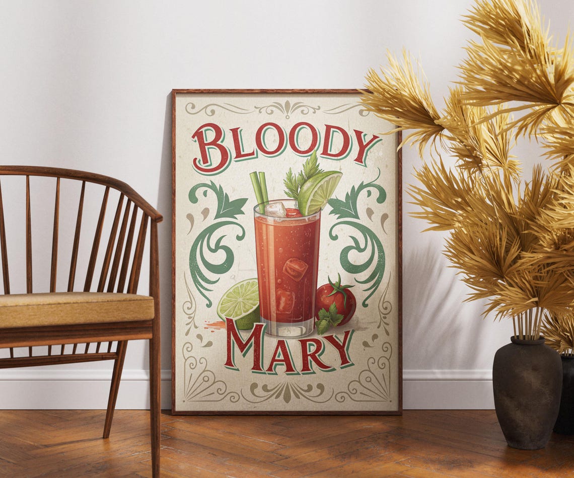 Vintage Bloody Mary Cocktail Poster Retro Bar Elegant Spicy Drink Art