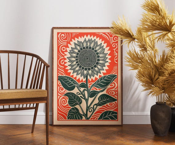 Vintage Sunflower Poster Linocut Lush Ornament Art Retro Floral Wall Decor Boho Botanical Illustration Natureinspired Artworkgift Idea