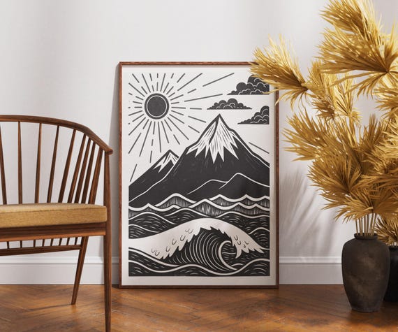 Mountain And Ocean Wave Print Black White Sun Sea Wall Art Bold Nature Landscape Poster Minimalist Woodcut Decor