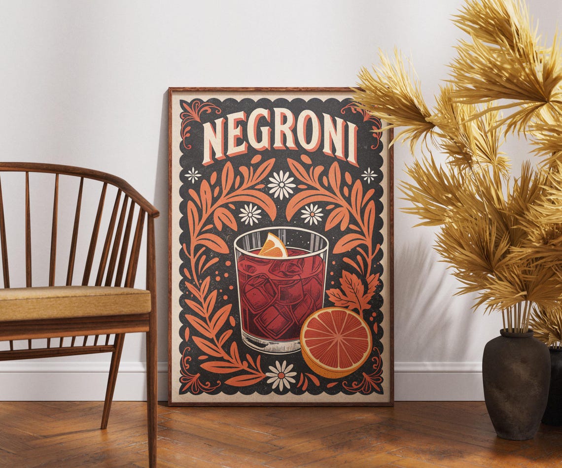 Negroni Cocktail Orange Botanical Ornament Vintage Bar Art Poster