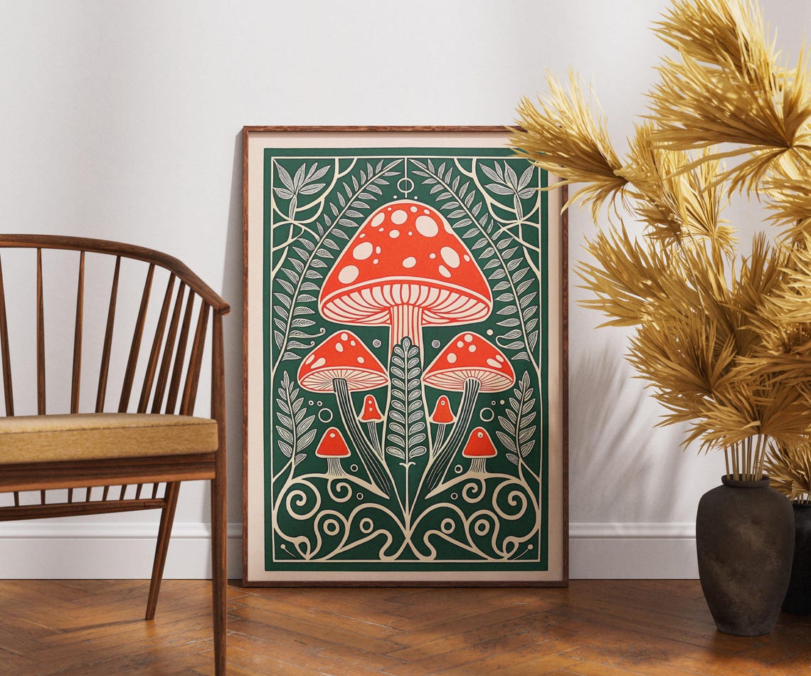 Vintage Mushroom Linocut Poster Red Cap Fungi Forest Botanical Art