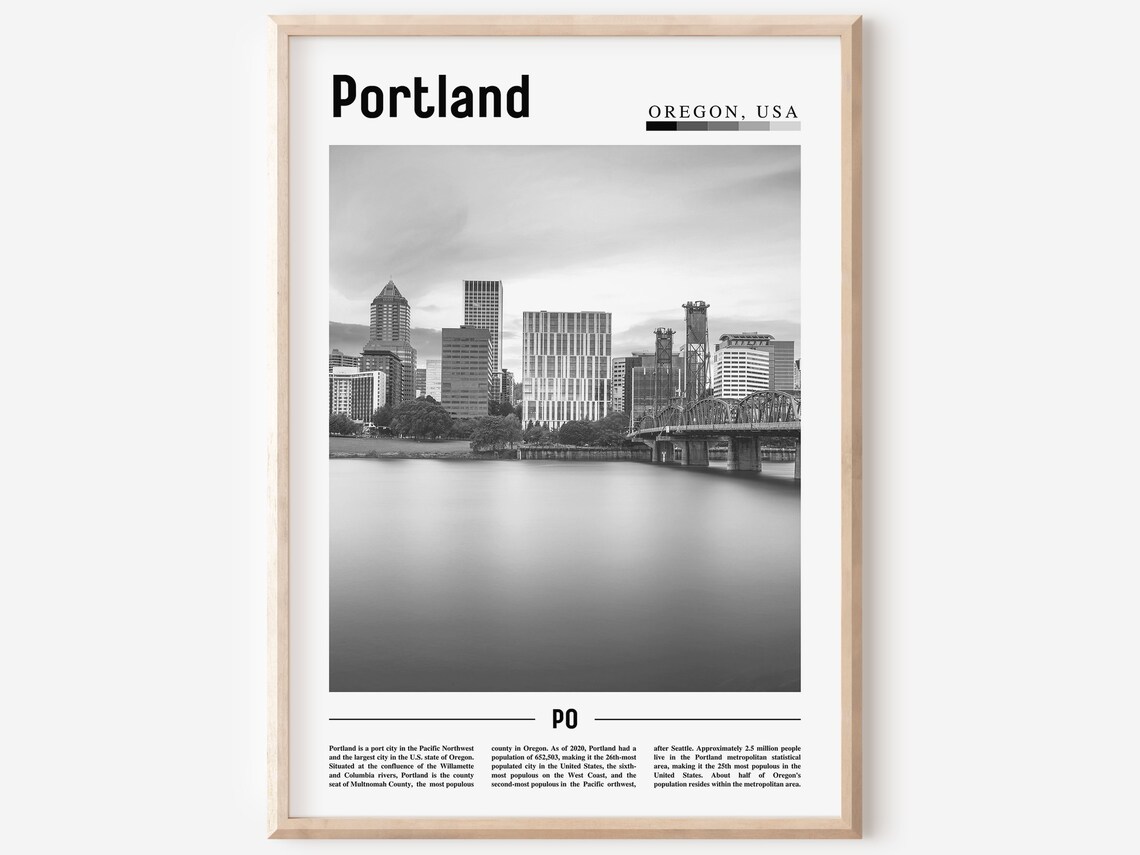 Portland Oregon Skyline Black and White City Photography Poster