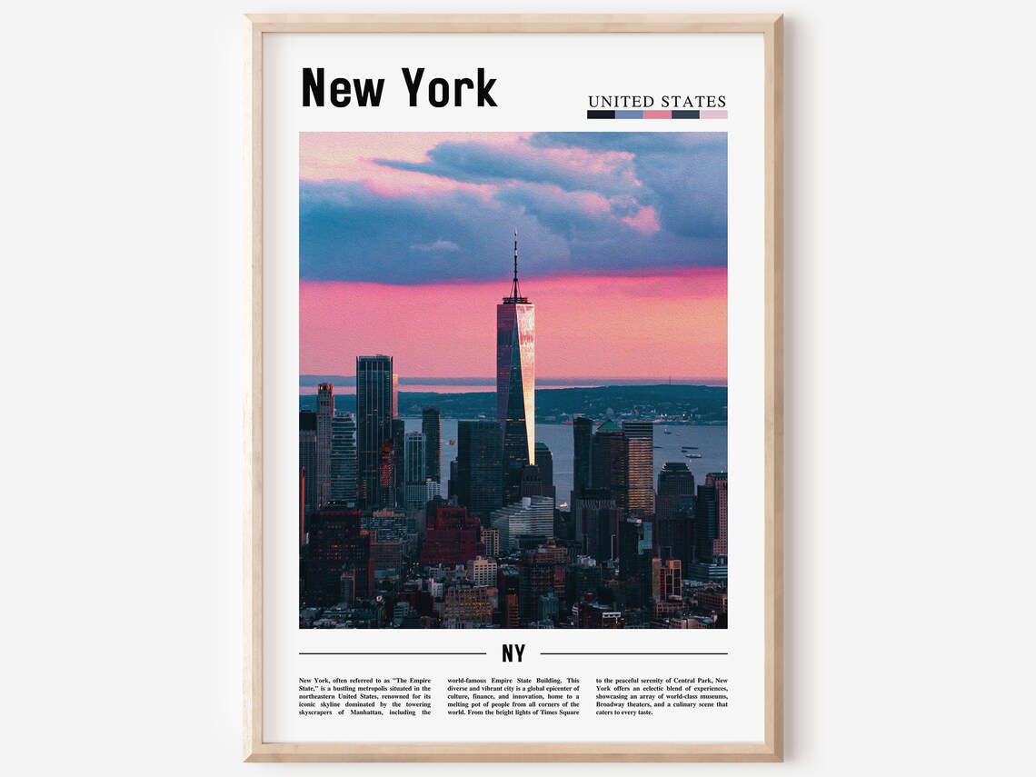 New York One World Trade Center Pink Sunset Skyline Travel Poster