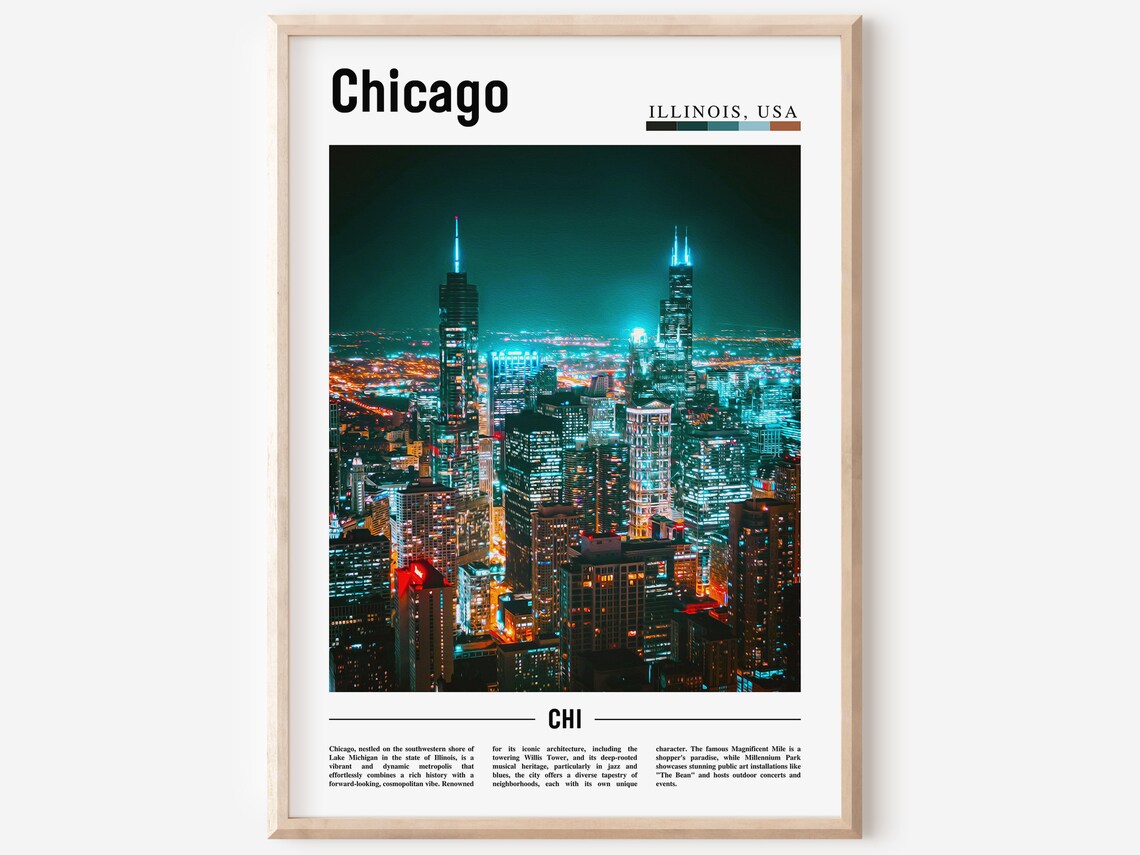 Chicago Night Skyline Teal City Lights Aerial Downtown Travel Poster