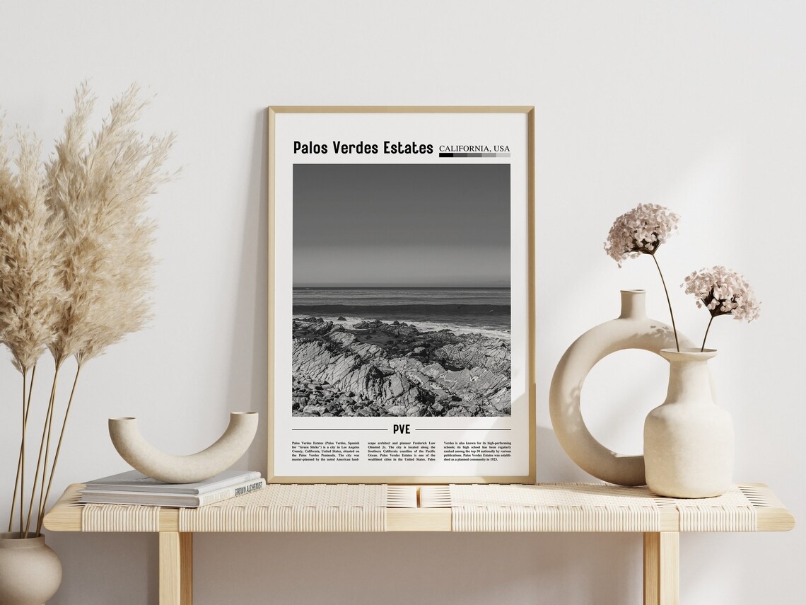 Palos Verdes Estates Black And White Rocky Coast Ocean Travel Poster - Image 3