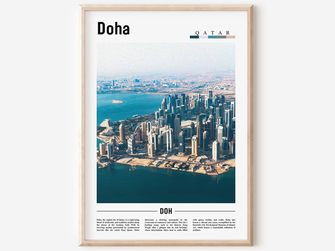 Doha Qatar West Bay City Skyline Aerial Minimal Travel Poster