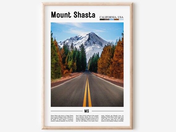 Mount Shasta California Snow Peak Road Through Forest Travel Poster