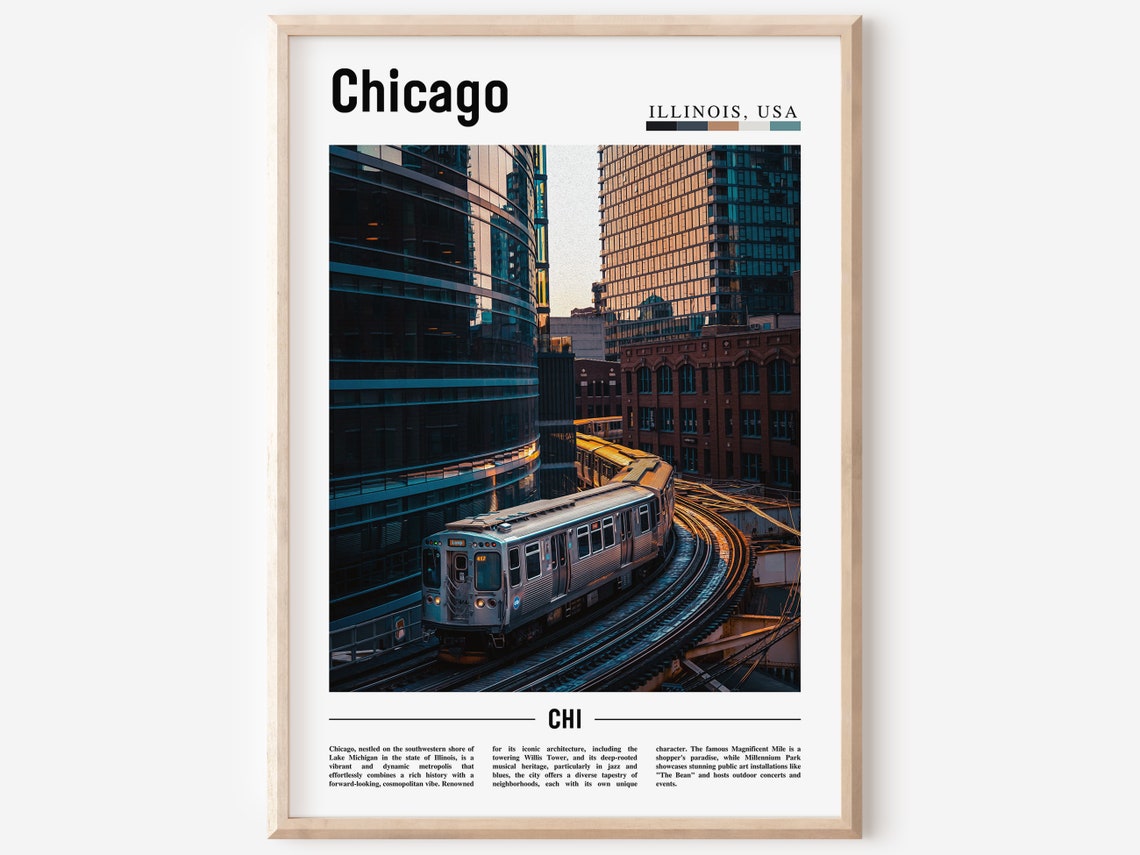 Chicago L Train Curved Track Sunset Downtown Cityscape Poster