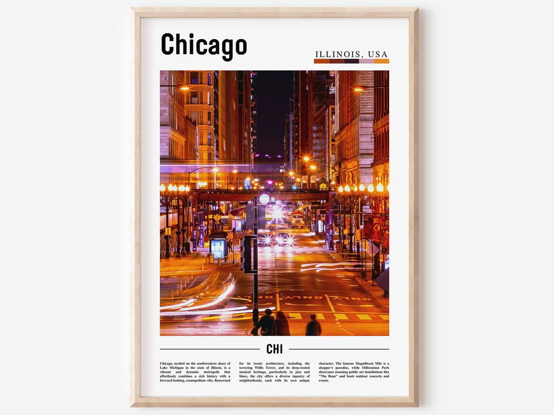 Chicago Illinois USA Night Street Lights Urban Photography Poster
