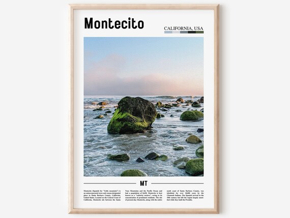 Montecito California Rocky Beach Mossy Boulders Minimal Travel Poster